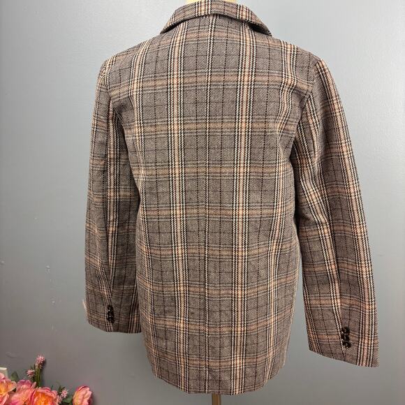 Plaid Tweed Long Blazer Jacket Collar Button Front Career Women's Med Academia - Picture 2 of 6